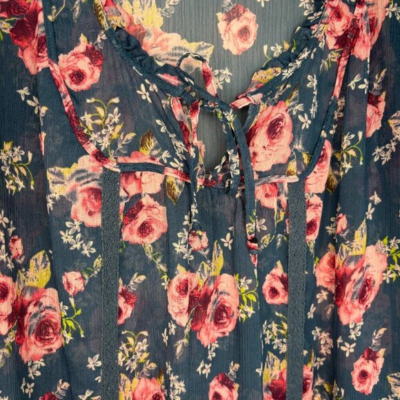 DECREE Peasant Scoop Neck Crepe Blouse Women XL Floral Teal Pink 3/4 Sleeve Boho - Picture 5 of 9